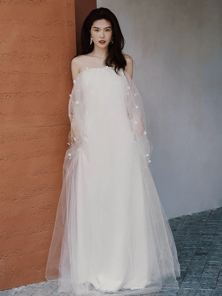 Robe de mariée féerique, style A, épaules dénudées, en tulle à manches longues, référence N1681