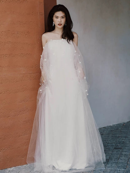 Robe de mariée féerique, style A, épaules dénudées, en tulle à manches longues, référence N1681