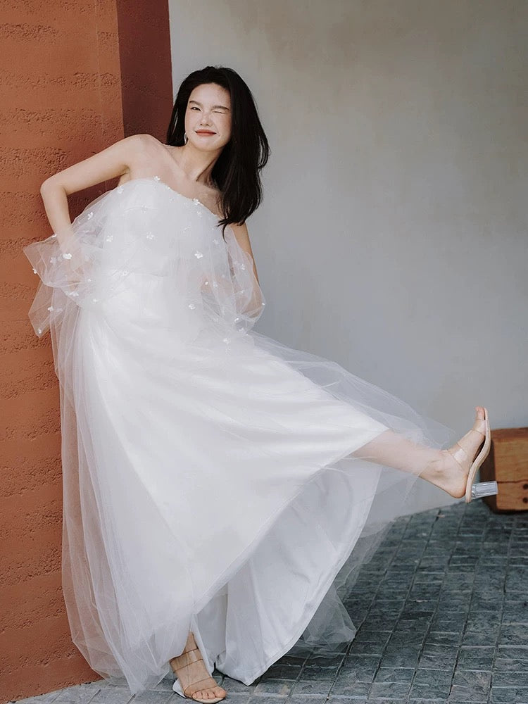 Robe de mariée féerique, style A, épaules dénudées, en tulle à manches longues, référence N1681