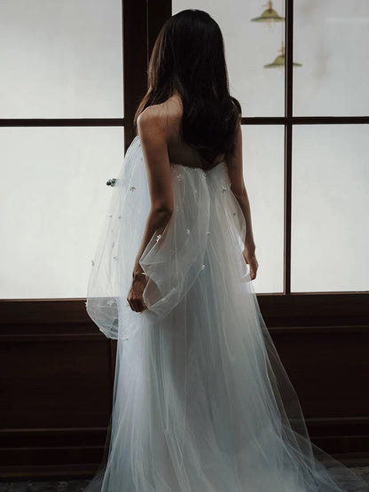 Robe de mariée féerique, style A, épaules dénudées, en tulle à manches longues, référence N1681
