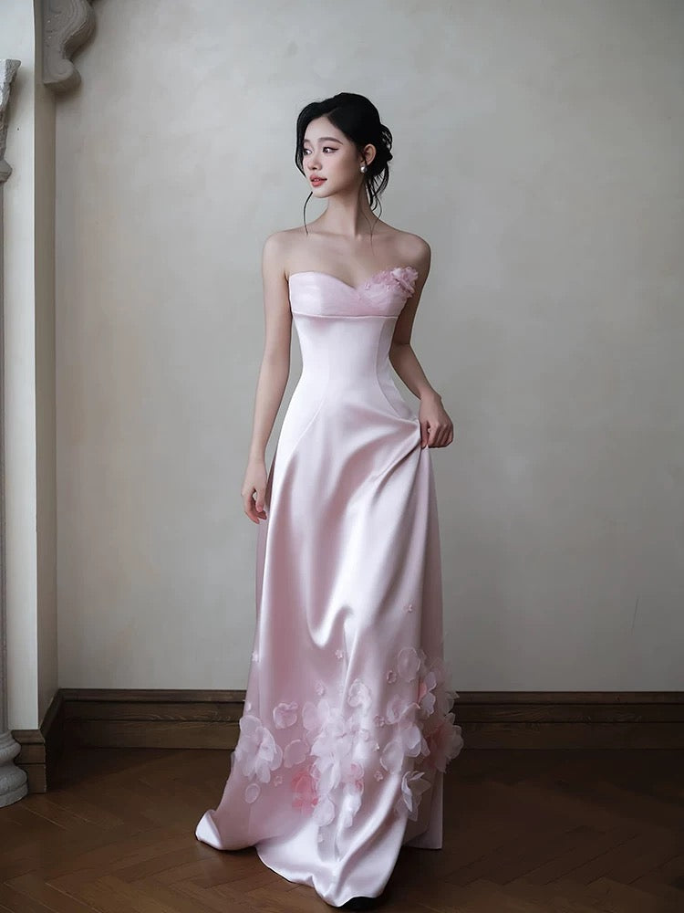 Classic A Line Sweetheart Pink Satin With Ruffles Flowers Inspiration Long Wedding Guest Dresses N1685