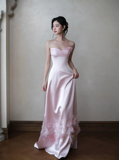 Classic A Line Sweetheart Pink Satin With Ruffles Flowers Inspiration Long Wedding Guest Dresses N1685