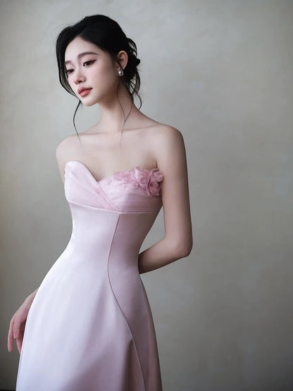 Classic A Line Sweetheart Pink Satin With Ruffles Flowers Inspiration Long Wedding Guest Dresses N1685