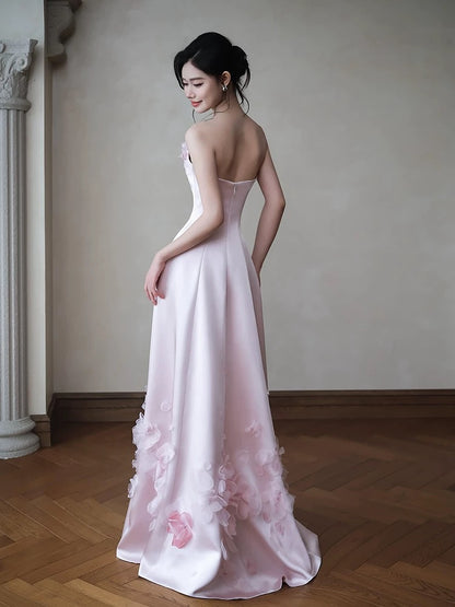 Classic A Line Sweetheart Pink Satin With Ruffles Flowers Inspiration Long Wedding Guest Dresses N1685