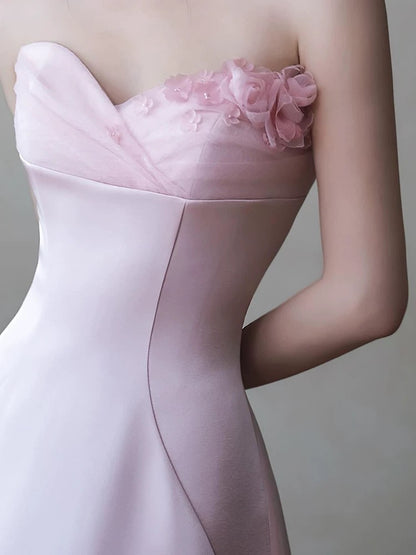 Classic A Line Sweetheart Pink Satin With Ruffles Flowers Inspiration Long Wedding Guest Dresses N1685