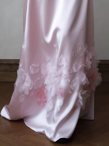 Classic A Line Sweetheart Pink Satin With Ruffles Flowers Inspiration Long Wedding Guest Dresses N1685