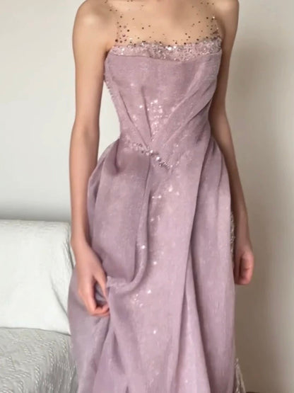 Magnifique robe de bal de fin d'année lilas à sequins et volants, coupe trapèze, idéale pour les lycéennes et les adolescentes (réf. N1686).