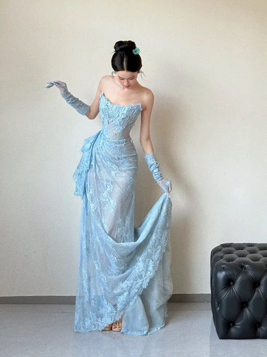 Beautiful Mermaid Sweetheart Blue Lace With Gloves For High Schools Teens Prom Dresses Graduation Dress N1689