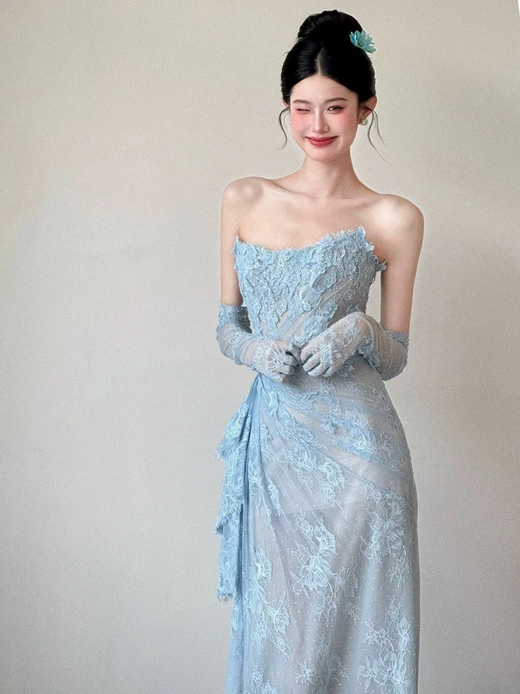 Magnifique robe de bal de promo sirène en dentelle bleue avec gants, idéale pour les lycéennes et les adolescentes (réf. N1689).