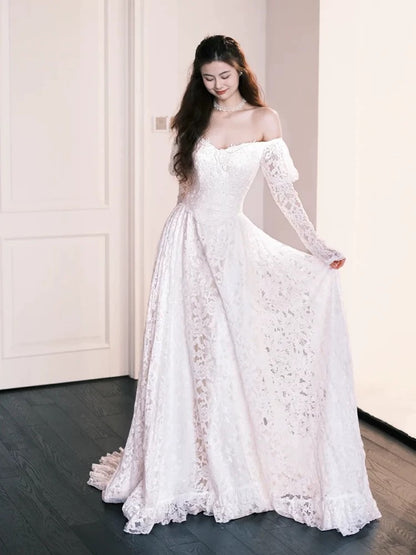 Robe de mariée féerique, style A, épaules dénudées, dentelle, manches longues, référence N1691