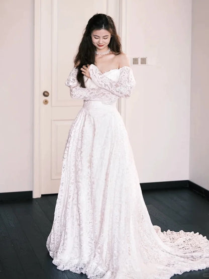 Robe de mariée féerique, style A, épaules dénudées, dentelle, manches longues, référence N1691
