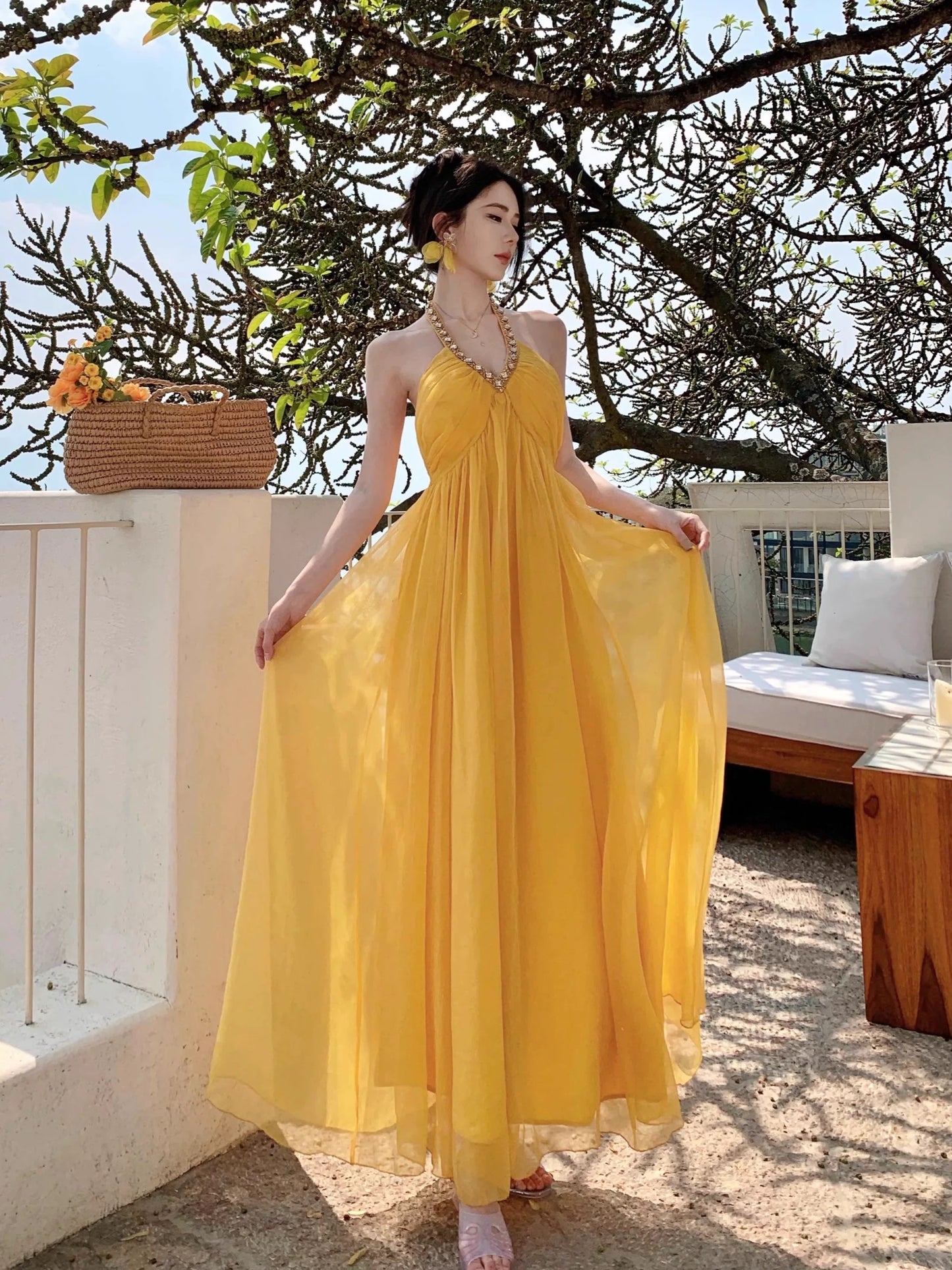 Modest A Line Halter Yellow Chiffon Sleeveless Long Birthday Dresses Party Holiday Summer Outfits N3142