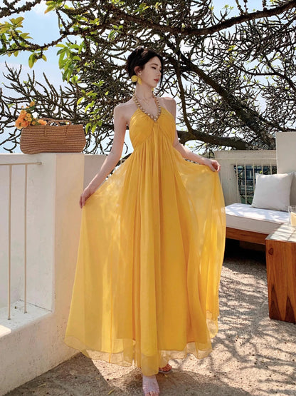 Modest A Line Halter Yellow Chiffon Sleeveless Long Birthday Dresses Party Holiday Summer Outfits N3142
