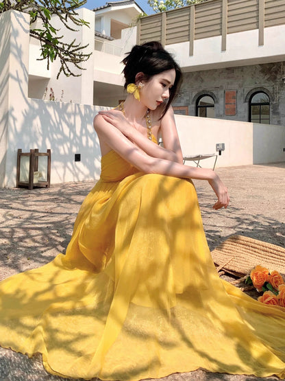 Modest A Line Halter Yellow Chiffon Sleeveless Long Birthday Dresses Party Holiday Summer Outfits N3142