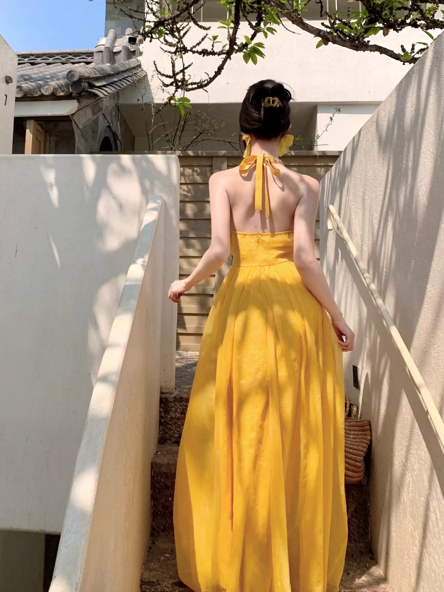 Modest A Line Halter Yellow Chiffon Sleeveless Long Birthday Dresses Party Holiday Summer Outfits N3142