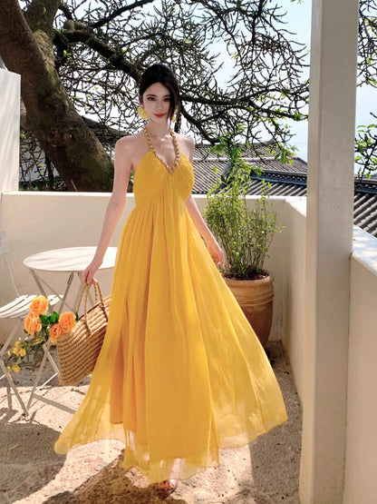 Modest A Line Halter Yellow Chiffon Sleeveless Long Birthday Dresses Party Holiday Summer Outfits N3142