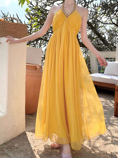 Modest A Line Halter Yellow Chiffon Sleeveless Long Birthday Dresses Party Holiday Summer Outfits N3142
