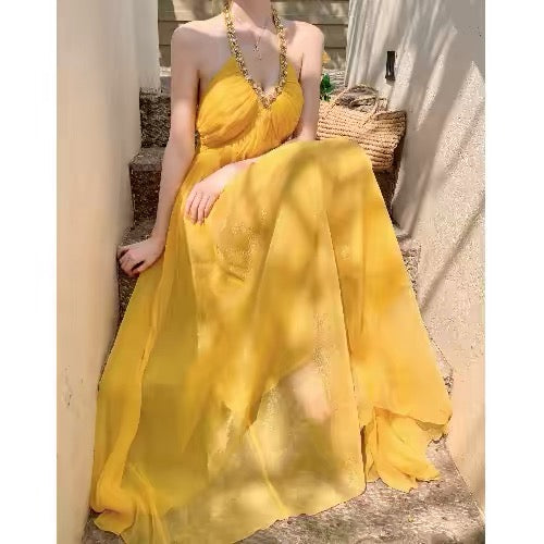 Modest A Line Halter Yellow Chiffon Sleeveless Long Birthday Dresses Party Holiday Summer Outfits N3142