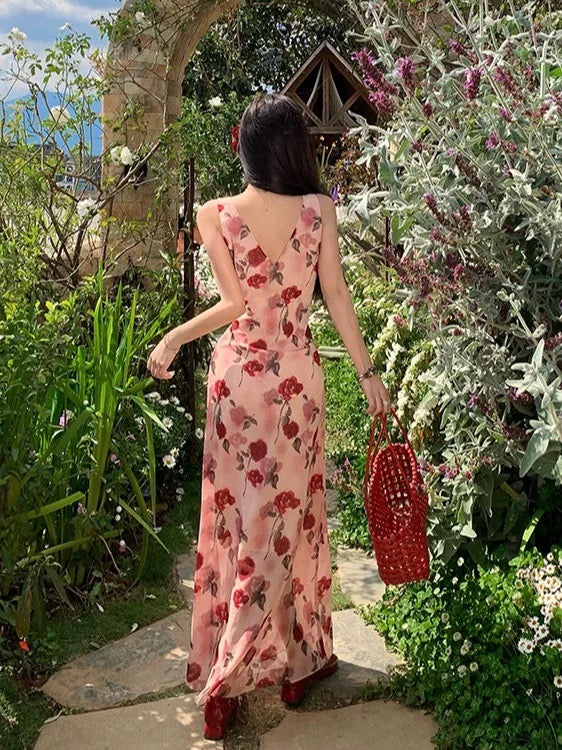 Robes de Soirée Longues sans Manches en Mousseline Fleurie avec Col en V, Coupe A-ligne Modeste pour Anniversaire Fête Vacances Tenues d'Été N3143