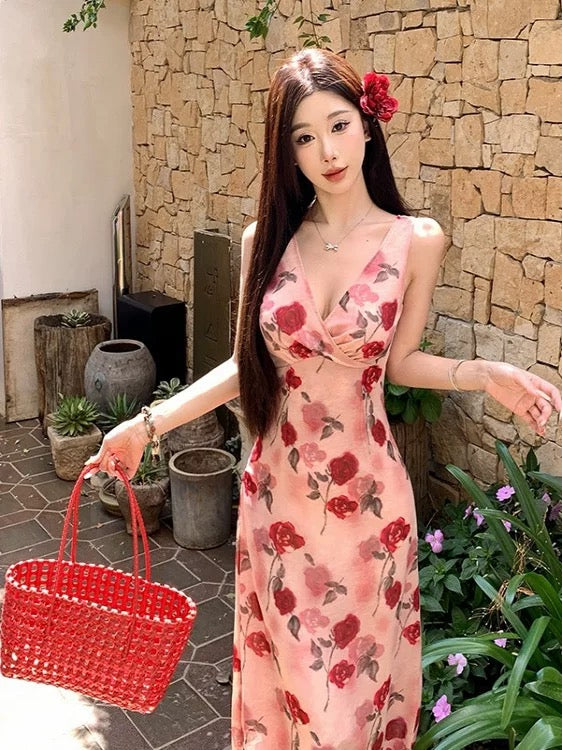 Robes de Soirée Longues sans Manches en Mousseline Fleurie avec Col en V, Coupe A-ligne Modeste pour Anniversaire Fête Vacances Tenues d'Été N3143