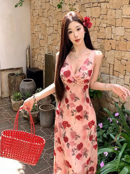 Robes de Soirée Longues sans Manches en Mousseline Fleurie avec Col en V, Coupe A-ligne Modeste pour Anniversaire Fête Vacances Tenues d'Été N3143
