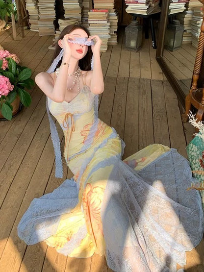 Idées de Robes de Sirène Modestes à Bretelles Spaghetti pour Femmes Robes Longues Jaunes d'Anniversaire Tenues d'Été pour Fêtes et Vacances N3144