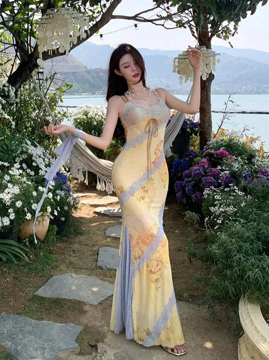 Modest Mermaid Spaghettiträger-Ideen für Frauen Gelbe lange Geburtstagskleider Party Urlaub Sommer Outfits N3144