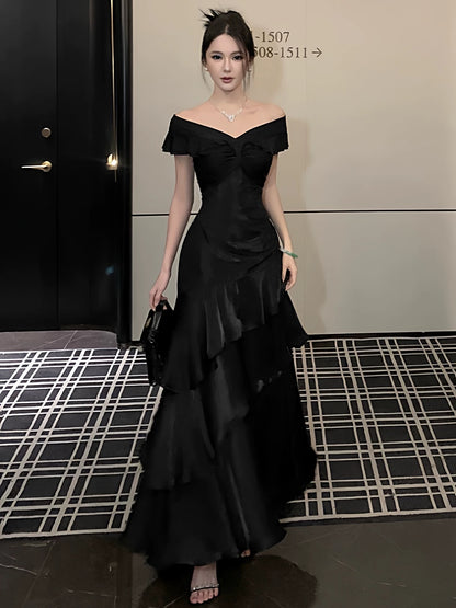 Élégante Robe de Bal Sirène Noire Épaules Dénudées Manches Courtes Robes de Soirée Longues Tenues N3145