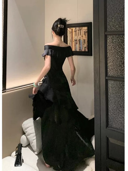 Élégante Robe de Bal Sirène Noire Épaules Dénudées Manches Courtes Robes de Soirée Longues Tenues N3145