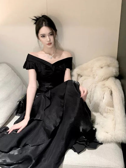 Élégante Robe de Bal Sirène Noire Épaules Dénudées Manches Courtes Robes de Soirée Longues Tenues N3145