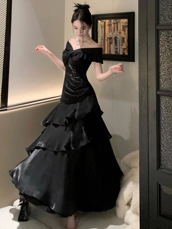 Élégante Robe de Bal Sirène Noire Épaules Dénudées Manches Courtes Robes de Soirée Longues Tenues N3145