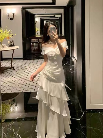 Élégante Robe de Bal Sirène Noire Épaules Dénudées Manches Courtes Robes de Soirée Longues Tenues N3145