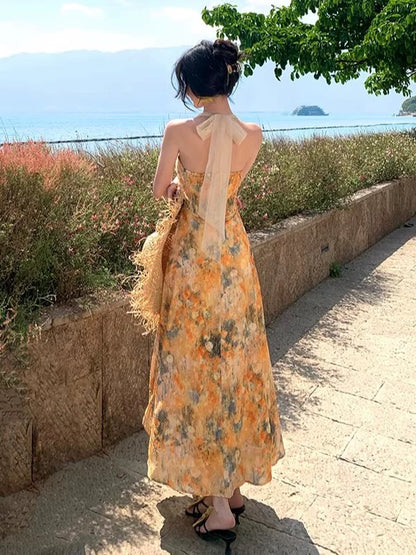 Robes d'anniversaire longues jaunes pour femmes, modestes, asymétriques, licou, en dentelle, pour fêtes, vacances, tenues d'été N3146