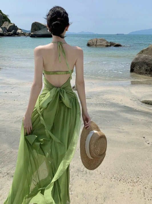 Bescheidene A-Linie Neckholder Grün Chiffon Ideen für Damen Lange Geburtstags-Kleider Strandurlaub Sommer Outfits N3147