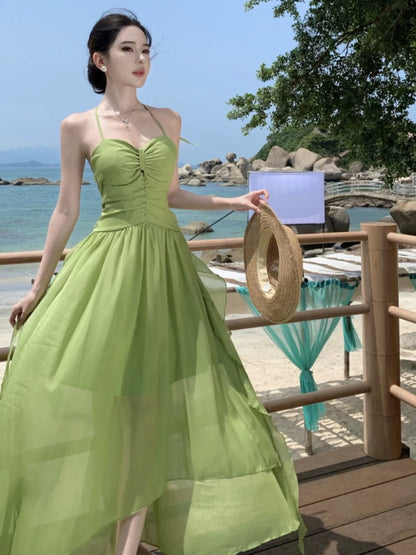 Modeste robe longue trapèze vert émeraude en mousseline avec licou pour femmes, idéale pour les anniversaires, les vacances à la plage, les tenues d'été N3147
