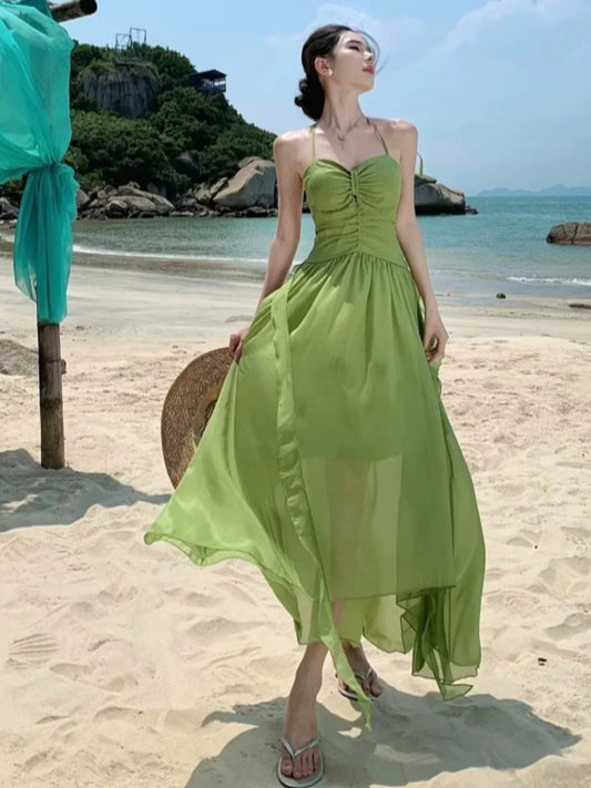 Bescheidene A-Linie Neckholder Grün Chiffon Ideen für Damen Lange Geburtstags-Kleider Strandurlaub Sommer Outfits N3147