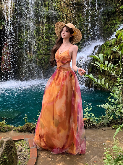 Idées de robes longues d'anniversaire en mousseline florale trapèze modestes pour femmes, dos nu, tenues d'été de plage N3148