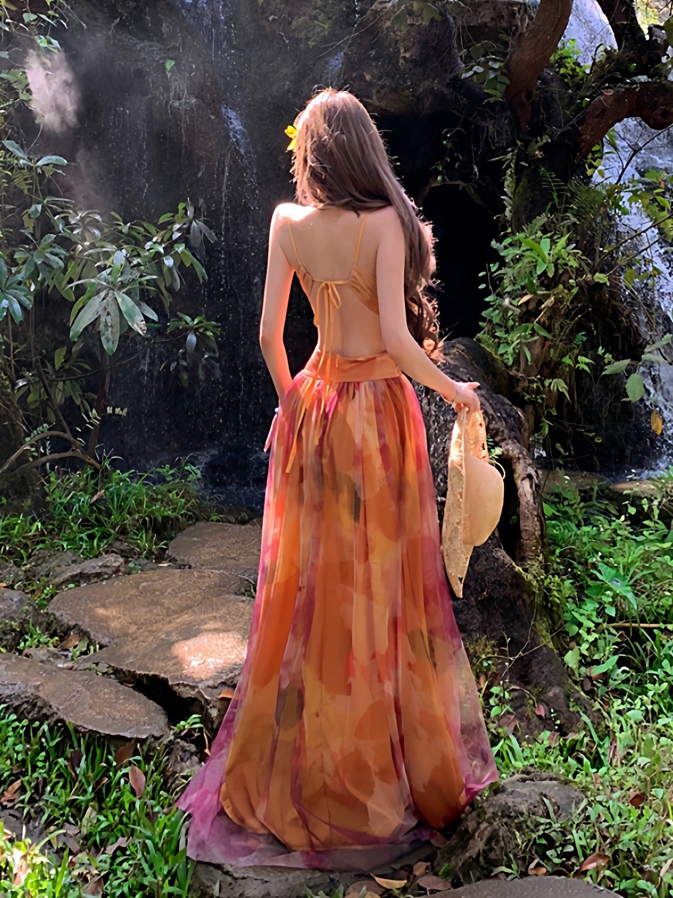 Idées de robes longues d'anniversaire en mousseline florale trapèze modestes pour femmes, dos nu, tenues d'été de plage N3148