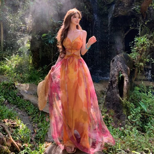 Bescheidene A-Linien Blumen Chiffon Ideen Für Frauen Rückenfreie Lange Geburtstags Kleider Strandurlaub Sommer Outfits N3148