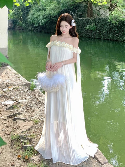 Robe longue de bal d'anniversaire pour femme, ligne A simple, épaules dénudées, en mousseline blanche, pour les vacances à la plage, tenues d'été N3149