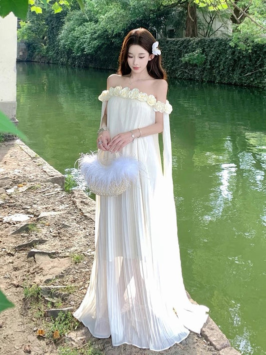 Einfaches A-Linien-Kleid schulterfrei aus weißem Chiffon – Ideen für Damen, lange Geburtstagskleider, Strandurlaub, Sommer-Outfits N3149