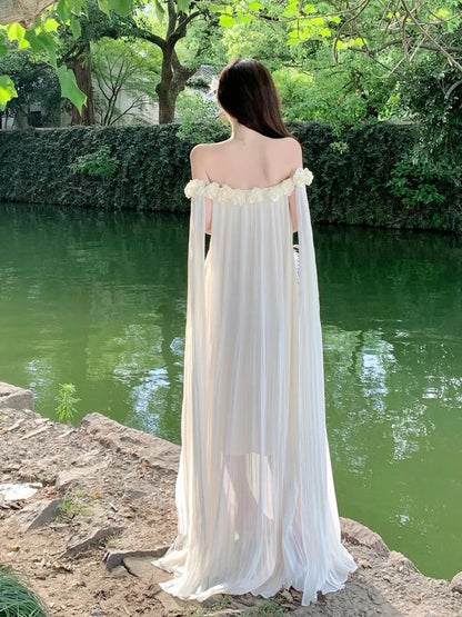 Robe longue de bal d'anniversaire pour femme, ligne A simple, épaules dénudées, en mousseline blanche, pour les vacances à la plage, tenues d'été N3149