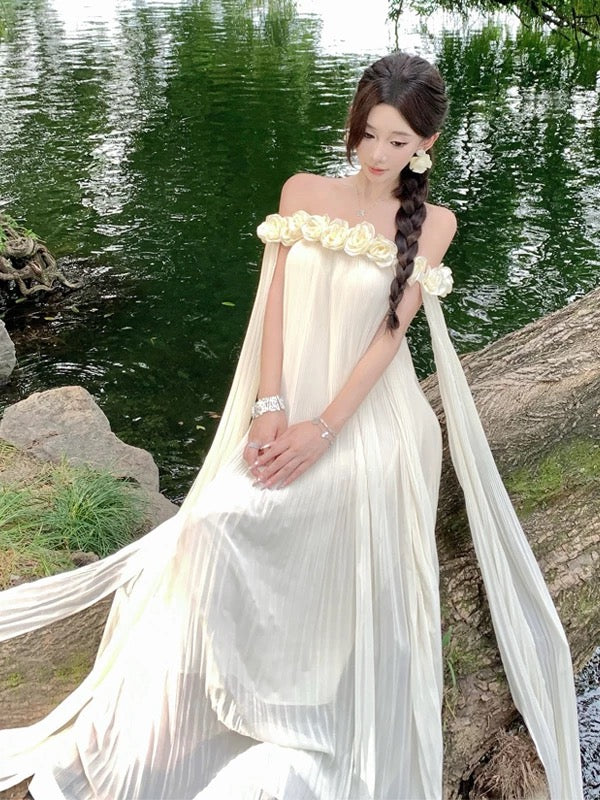 Robe longue de bal d'anniversaire pour femme, ligne A simple, épaules dénudées, en mousseline blanche, pour les vacances à la plage, tenues d'été N3149