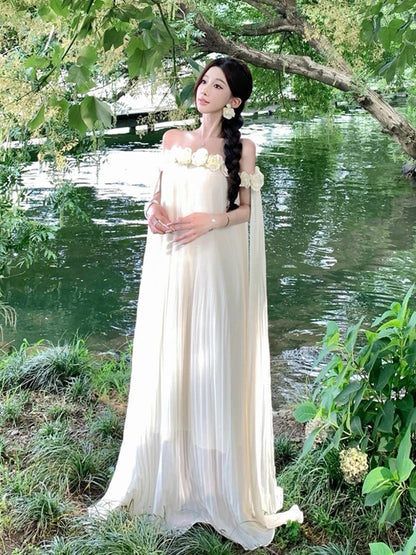 Robe longue de bal d'anniversaire pour femme, ligne A simple, épaules dénudées, en mousseline blanche, pour les vacances à la plage, tenues d'été N3149