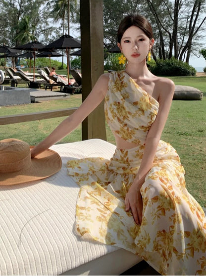 Modeste Sirène Robe de Soirée Asymétrique Fleurie Jaune en Mousseline de Soie Idées pour Femmes Robes Longues d'Anniversaire Tenues d'Été pour Vacances à la Plage N31450