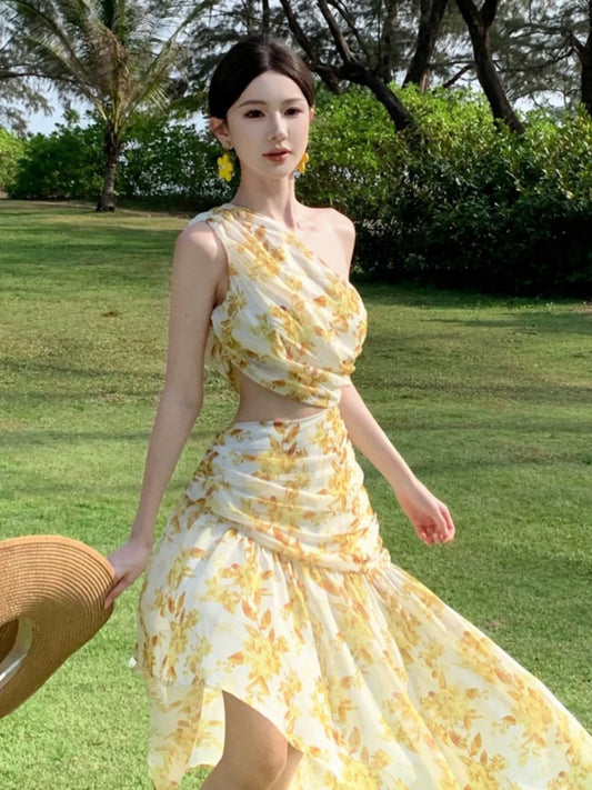 Bescheidene Meerjungfrau One Shoulder Gelb Blumen Chiffon Ideen Für Frauen Lange Geburtstags-Kleider Strandurlaub Sommer Outfits N31450