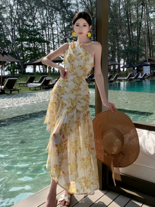 Bescheidene Meerjungfrau One Shoulder Gelb Blumen Chiffon Ideen Für Frauen Lange Geburtstags-Kleider Strandurlaub Sommer Outfits N31450
