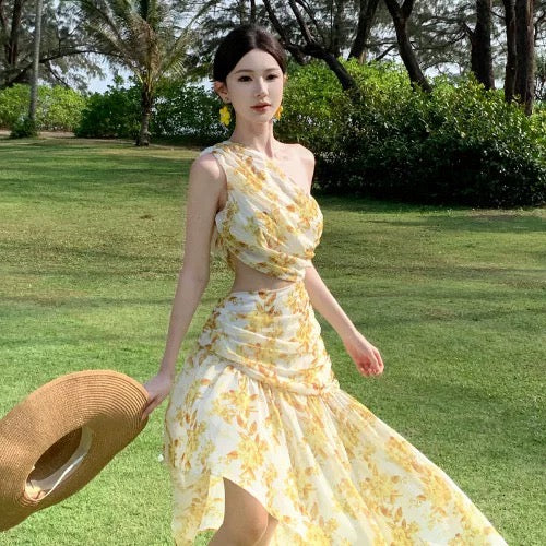 Modeste Sirène Robe de Soirée Asymétrique Fleurie Jaune en Mousseline de Soie Idées pour Femmes Robes Longues d'Anniversaire Tenues d'Été pour Vacances à la Plage N31450