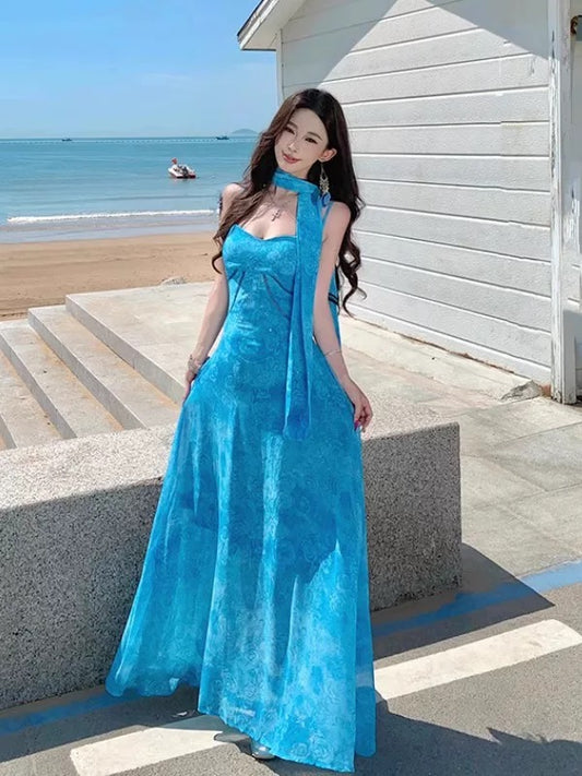 Einfache A-Linie Spaghettiträger Blaue Spitze Ideen Für Damen Lange Geburtstagskleider Strandurlaub Sommer Outfits N3151