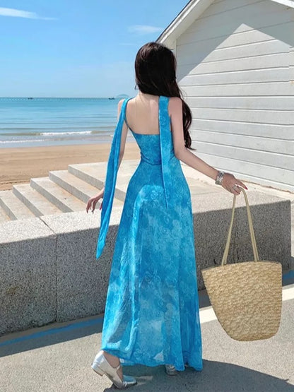 Robe longue d'anniversaire simple à ligne A, avec bretelles spaghetti, en dentelle bleue, pour femmes, idéale pour la plage et les vacances d'été N3151